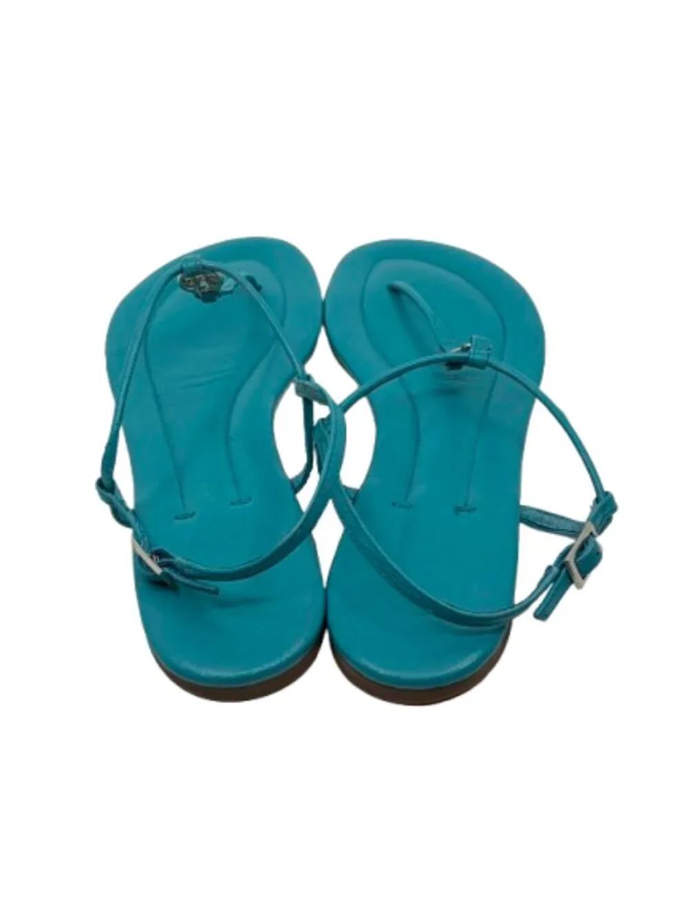 TORY BURCH~Emmy~TURQUOISE BLUE LEATHER GOLD LOGO T-STRAP SANDALS Size 9.5